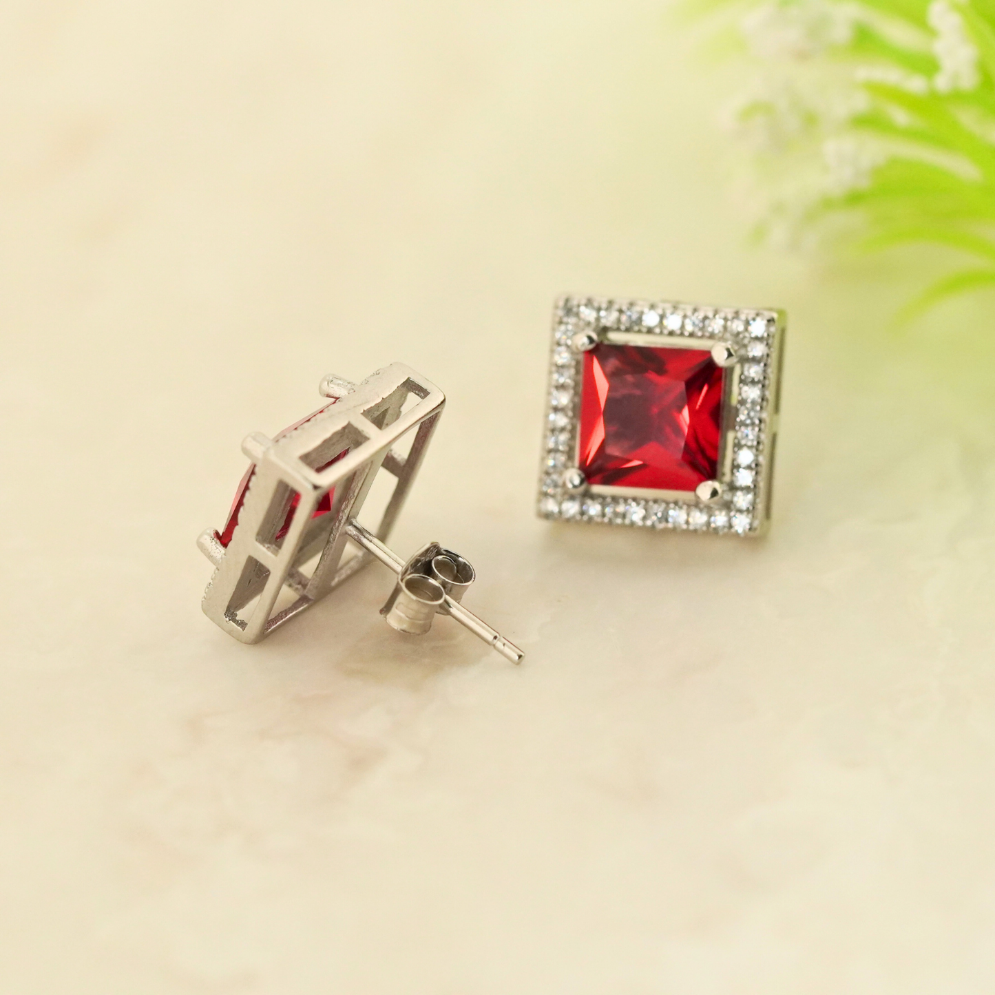Scarlet Square Rhodium Earrings