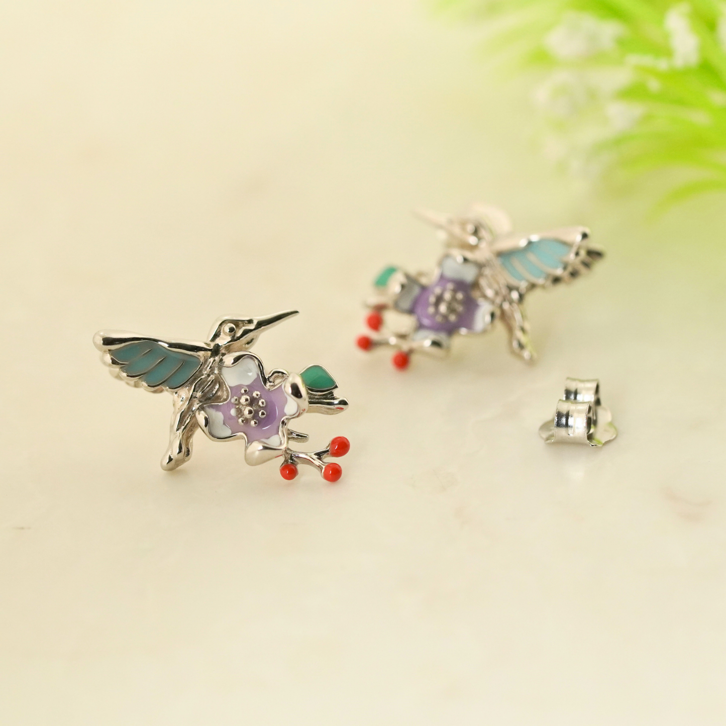 Plume Enamel Rhodium Earrings