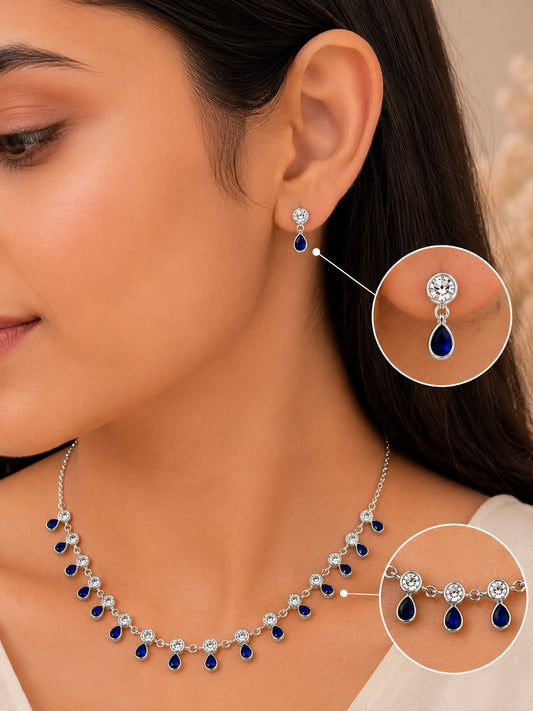 Illustria Blue Studded Rhodium Necklace Set 2