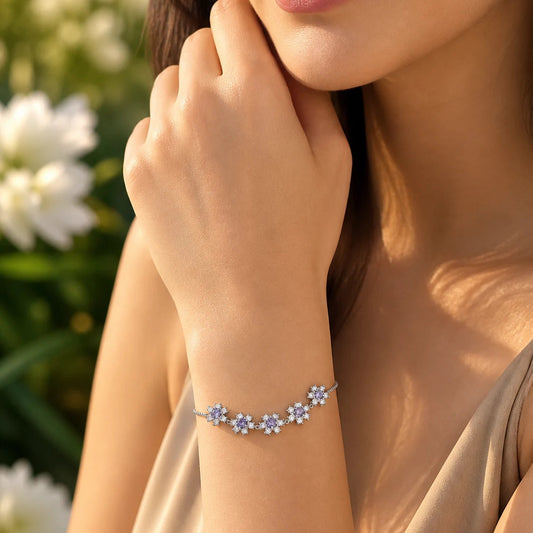 Lavender Bloom Adjustable Studded Rhodium Bracelet for Women 2