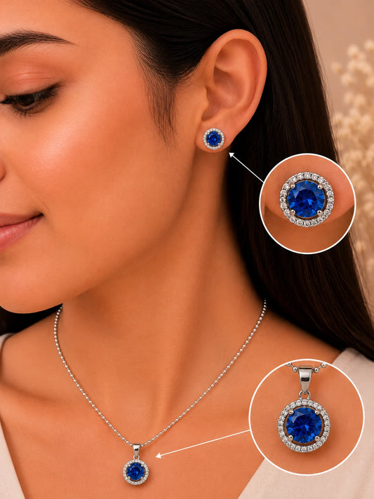Mystelle Blue Studded Rhodium Pendant Set 2
