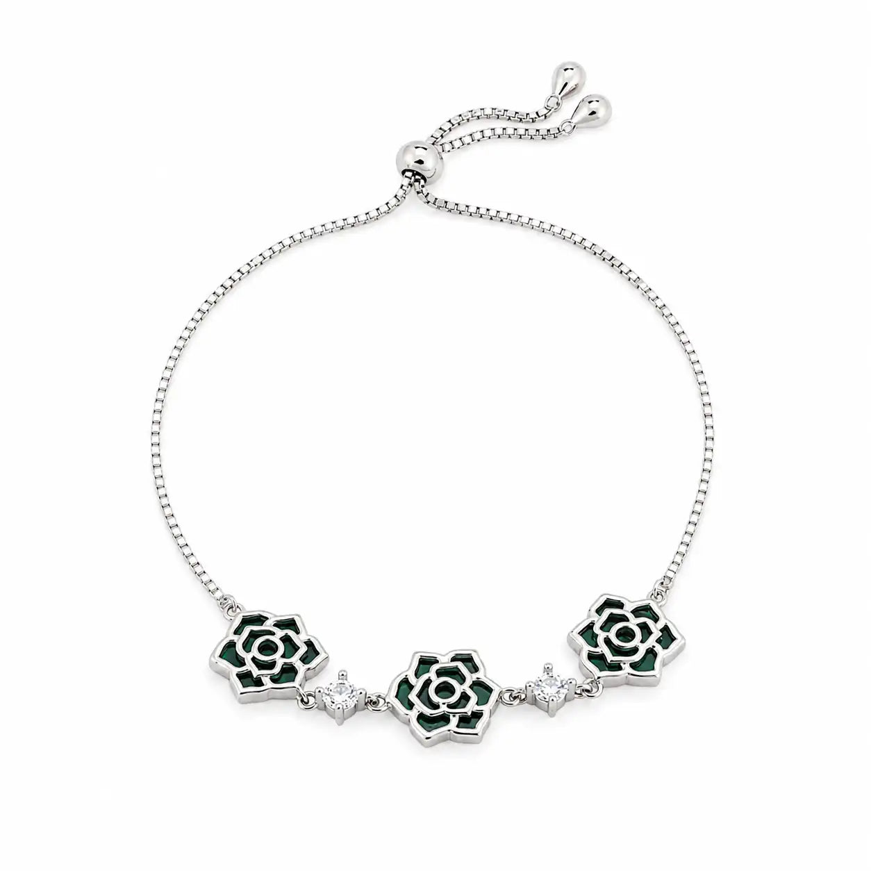Triflower Malachite Studded Rhodium Bracelet for Women 3