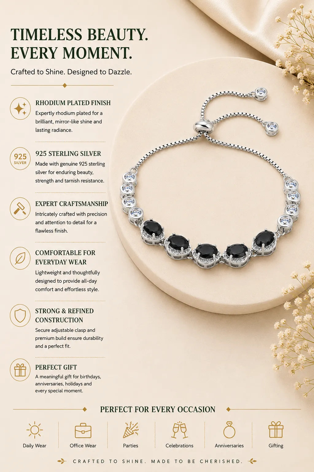 Black Radiance Studded Rhodium Bracelet for Women 3