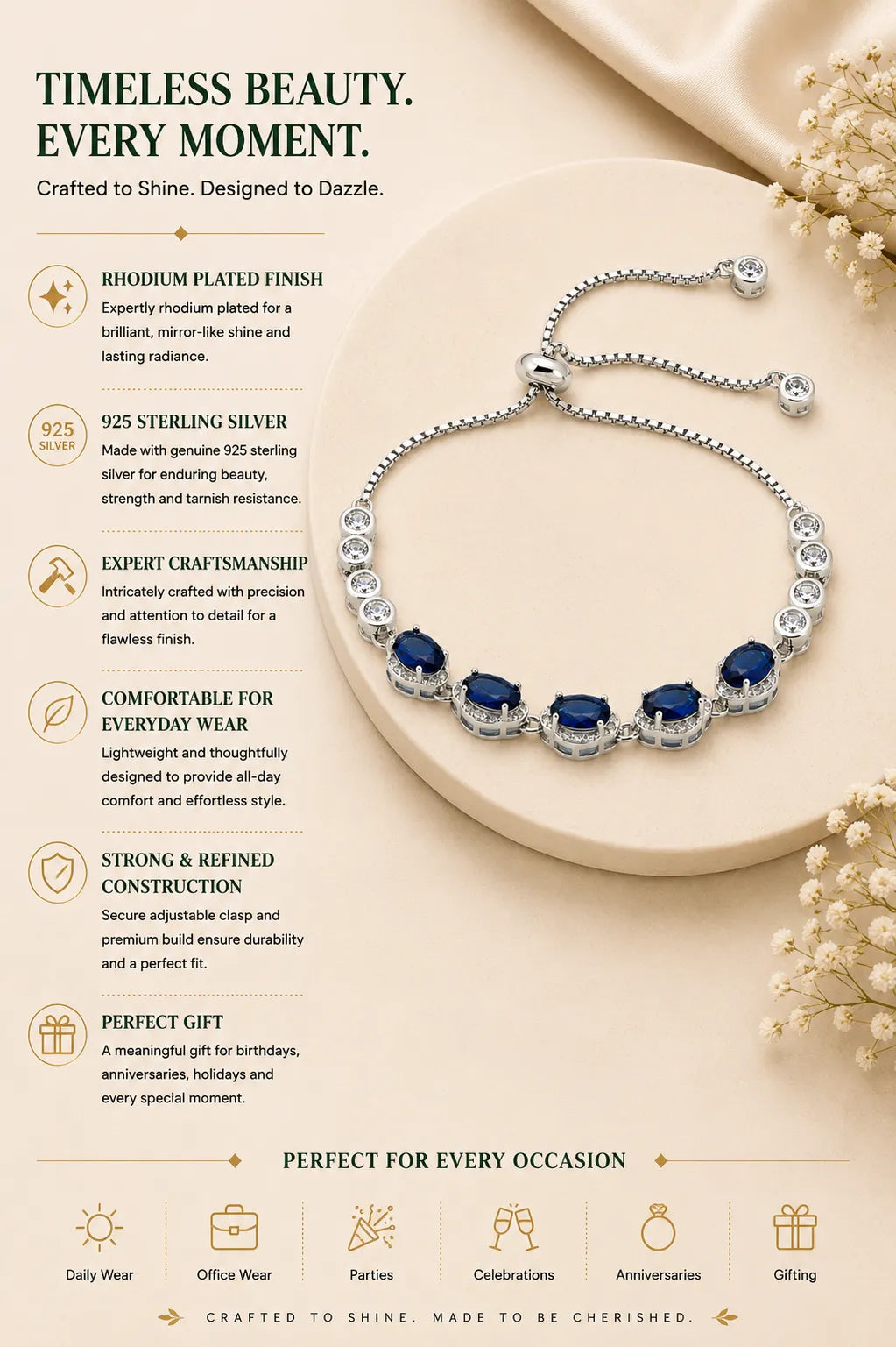 Blue Radiance Studded Rhodium Bracelet for Women 3