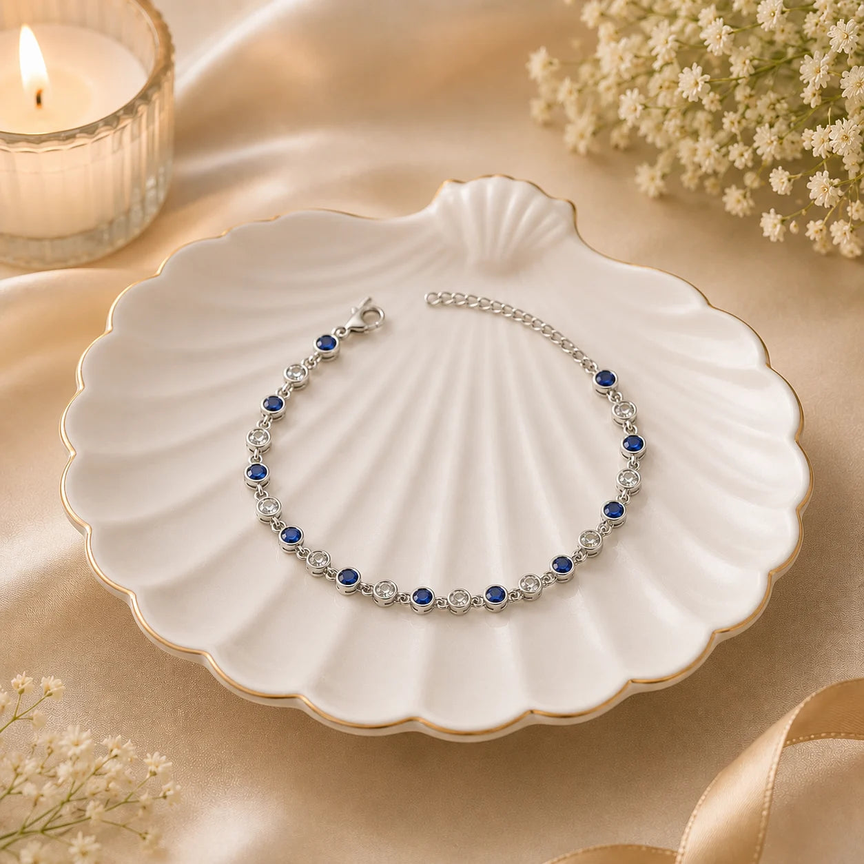 Blue & White Studded Rhodium Bracelet for Women 1