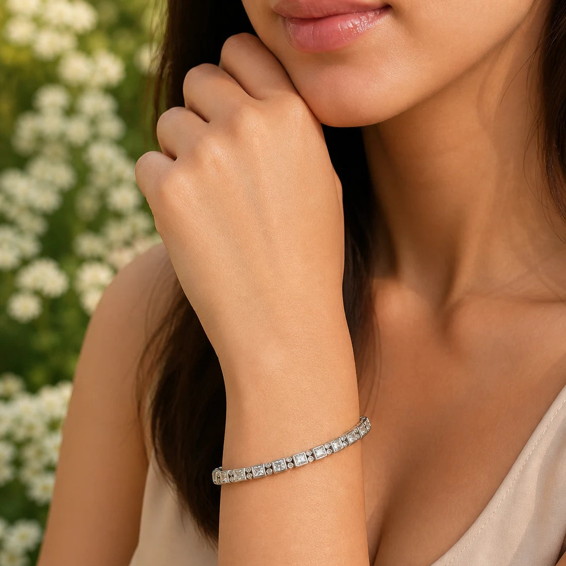Cubic Curb Studded Rhodium Bracelet for Women 2