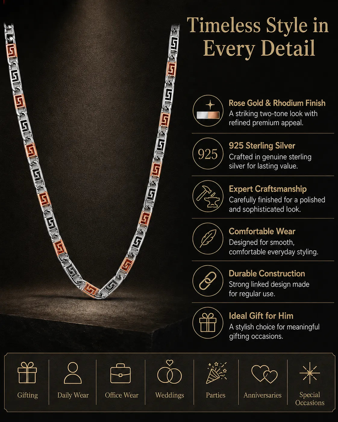 Ember Rose Gold & Rhodium Chain for Men 3