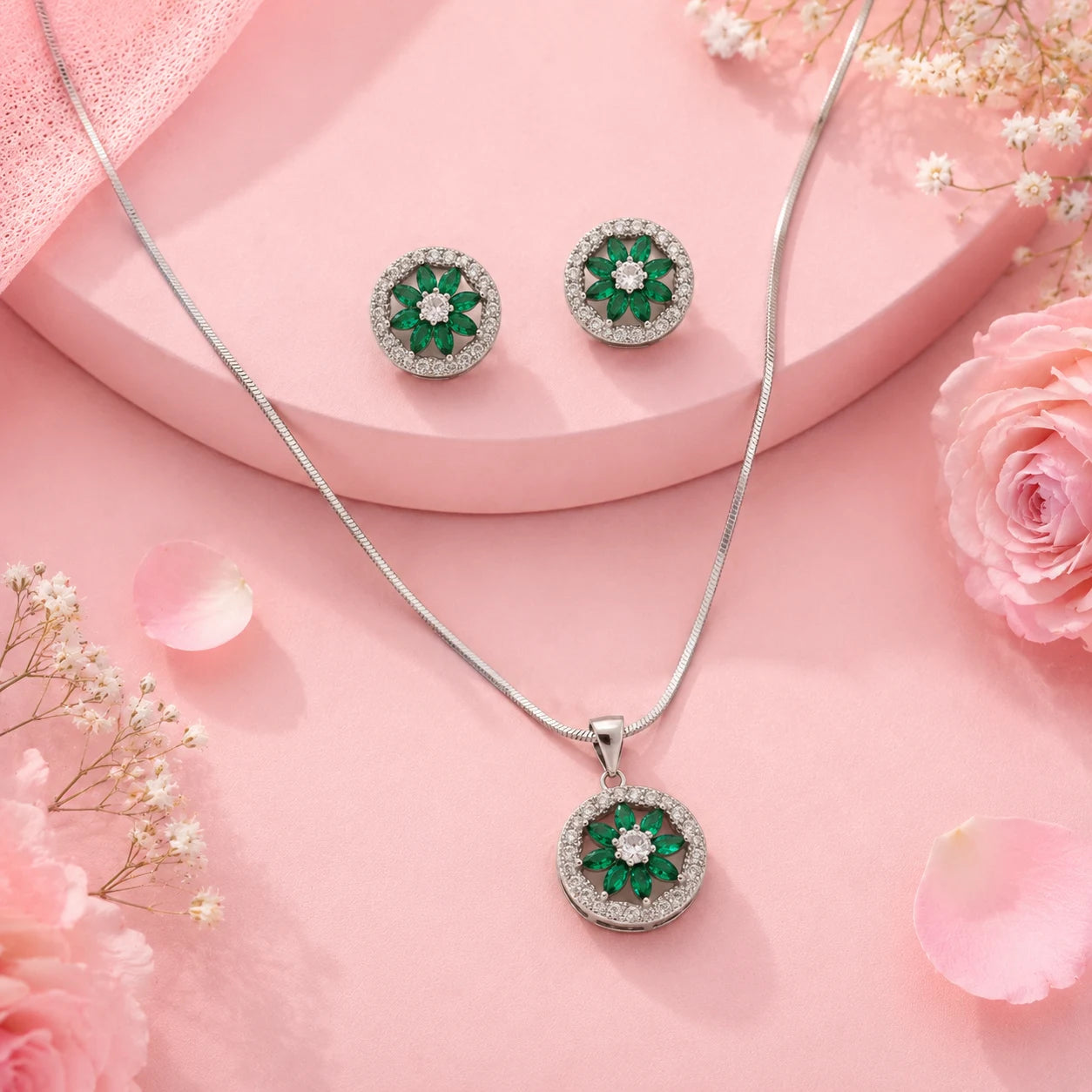 Emerald Blush Studded Pendant Set with Removable Square Snake Chain 1