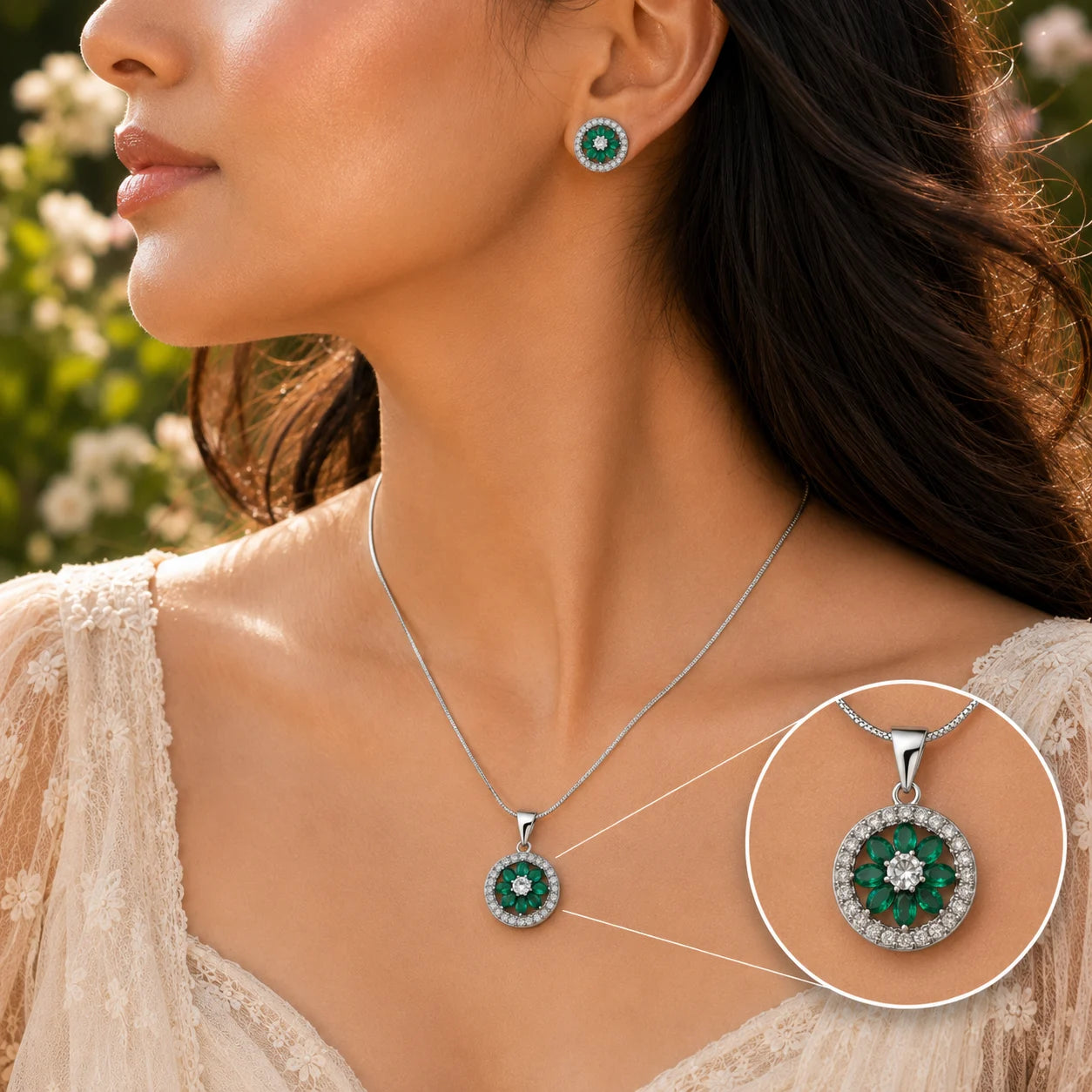 Emerald Blush Studded Pendant Set with Removable Square Snake Chain 4