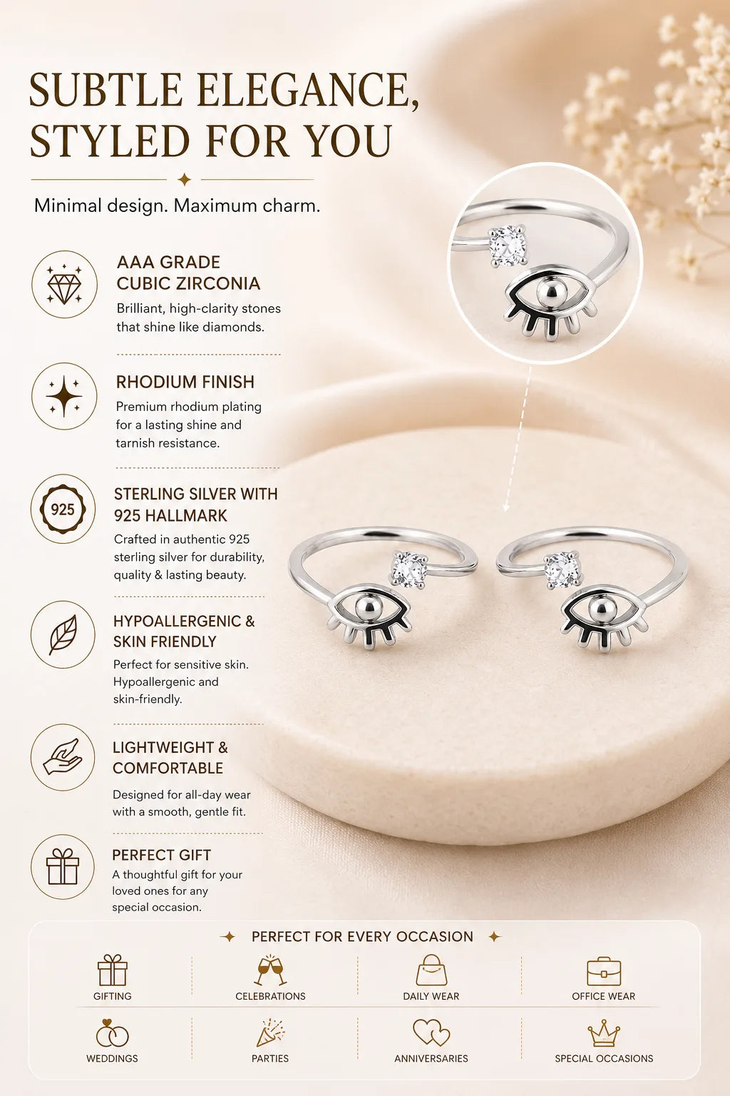 Eyes and Gems Rhodium Toe Rings 3