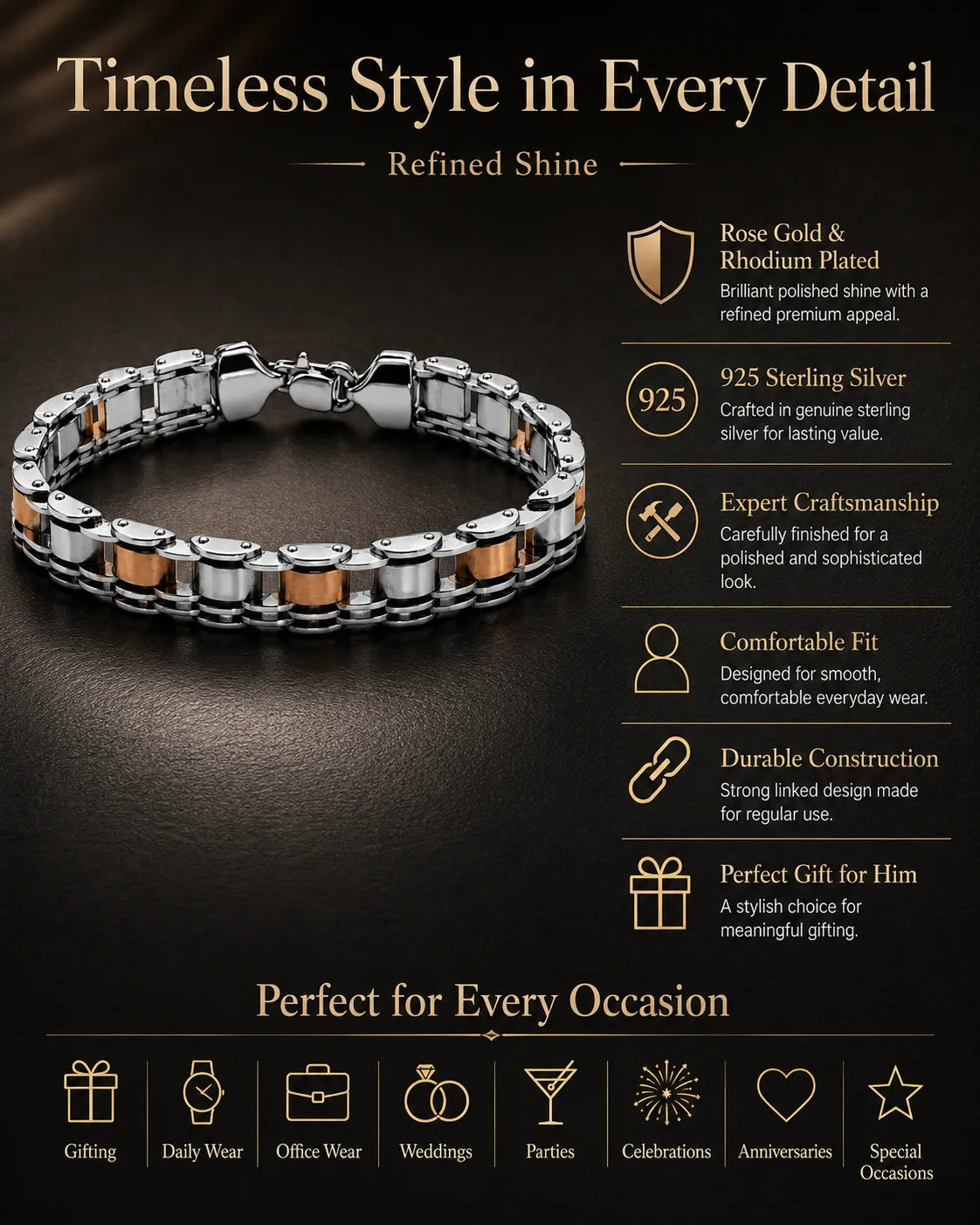 Forge Line Rose Gold & Rhodium Bracelet for Men 3