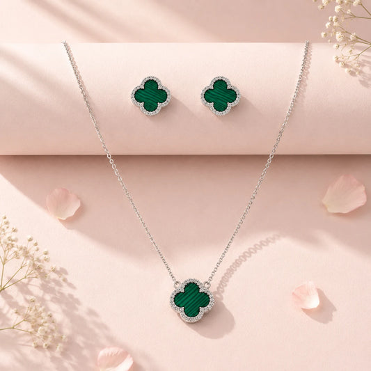 Four Leaf Luck Rhodium Pendant Set with Cable Chain 1