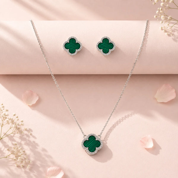 Four Leaf Luck Rhodium Pendant Set with Cable Chain 1
