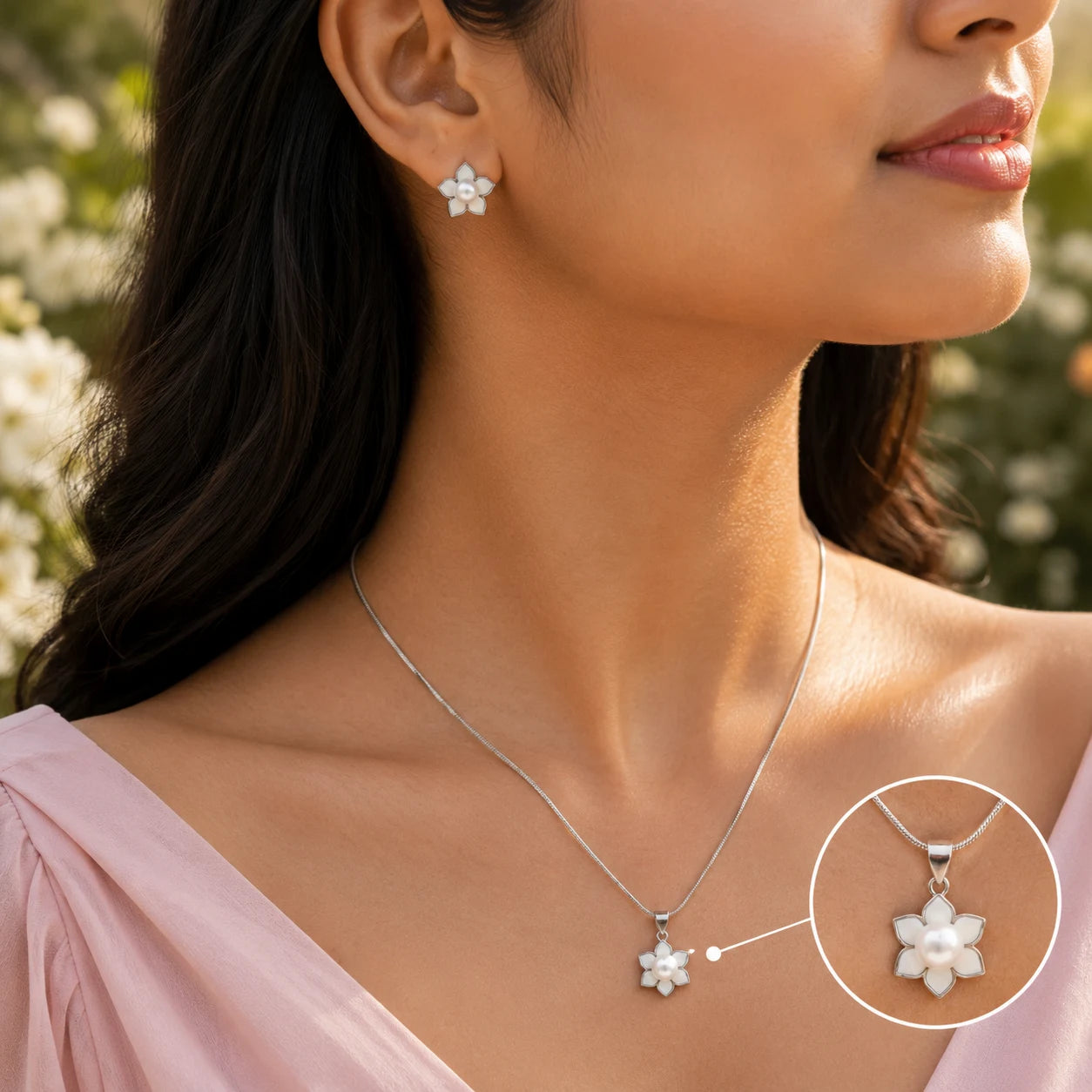 Gentle Pearl Pendant Set with Removable Snake Chain 2