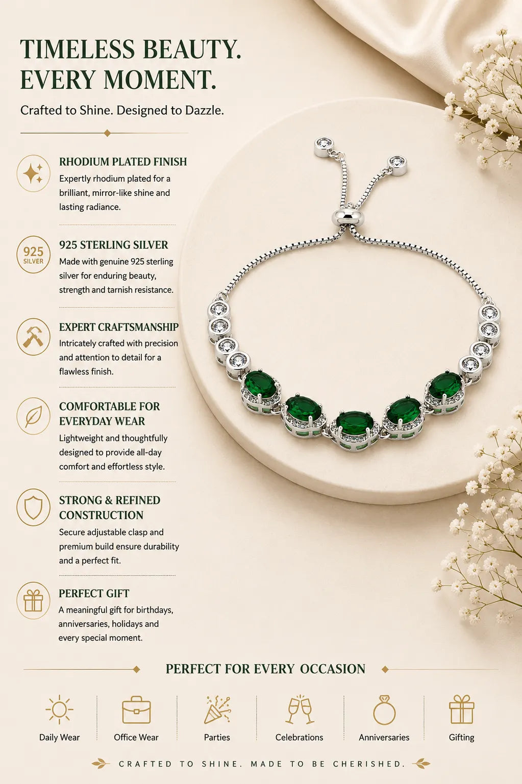 Green Radiance Studded Rhodium Bracelet for Women 3