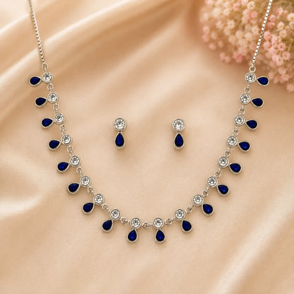 Illustria Blue Studded Rhodium Necklace Set 1