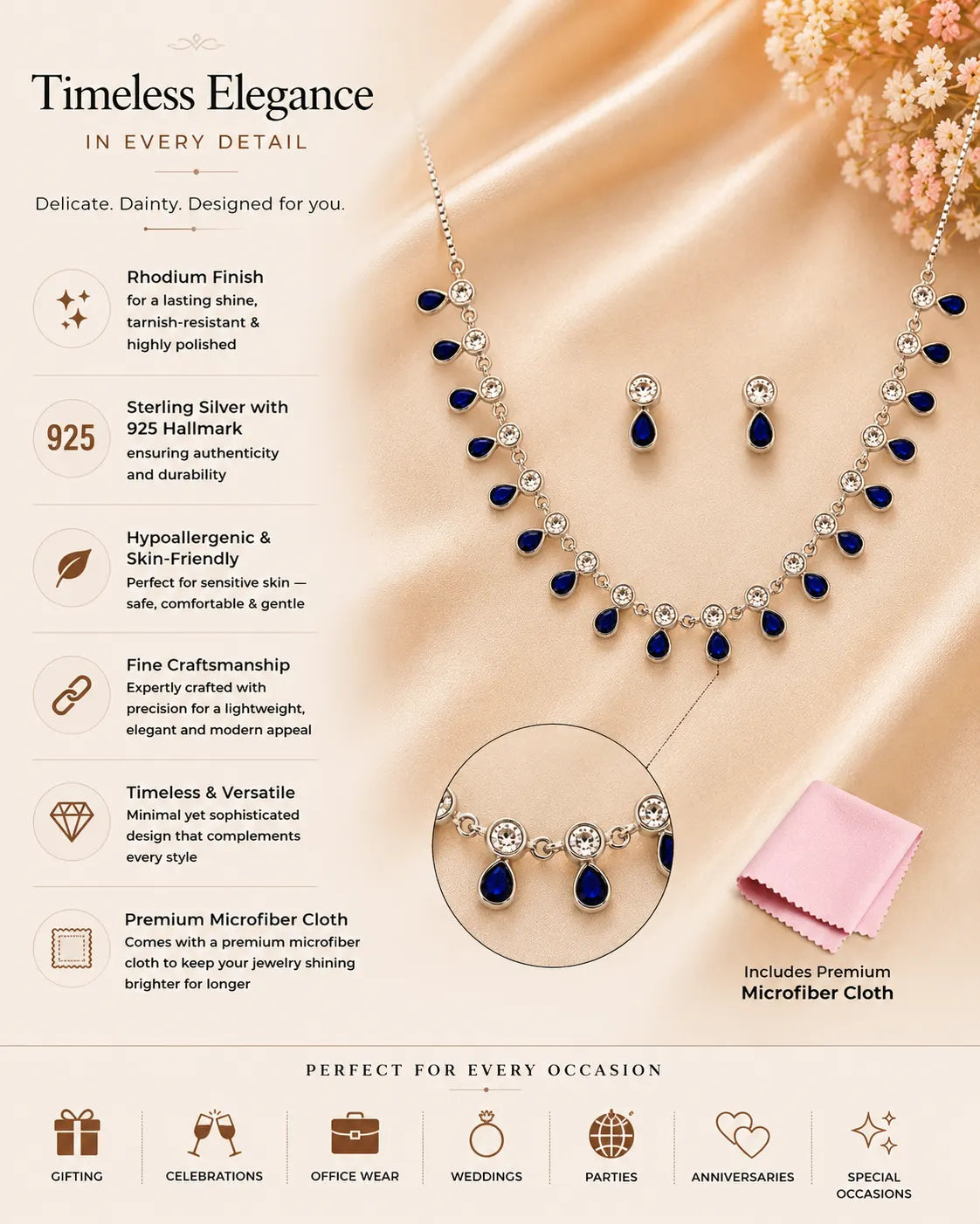 Illustria Blue Studded Rhodium Necklace Set 3