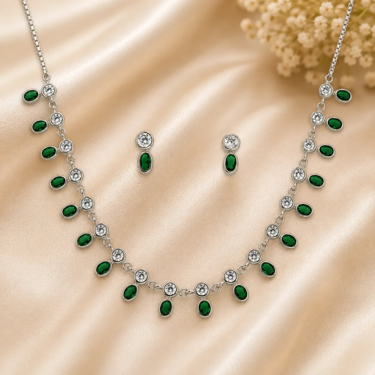 Illustria Green Studded Rhodium Necklace Set 1