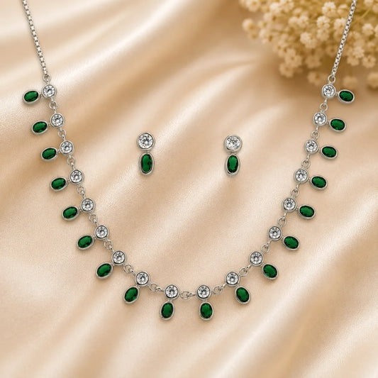 Illustria Green Studded Rhodium Necklace Set 1