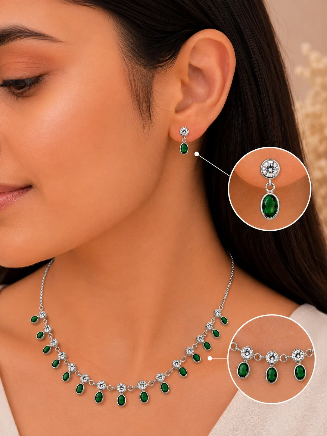 Illustria Green Studded Rhodium Necklace Set 2