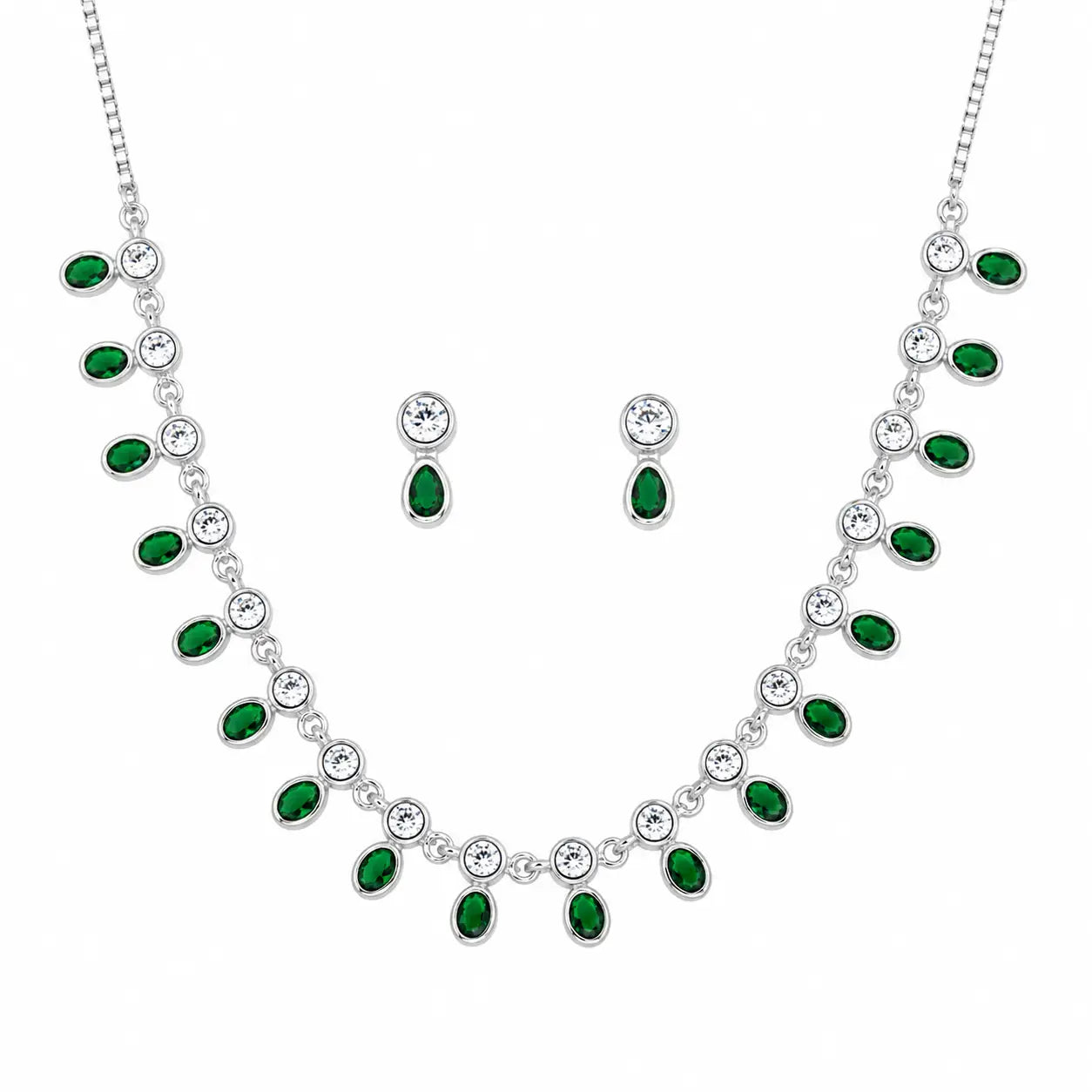 Illustria Green Studded Rhodium Necklace Set 4