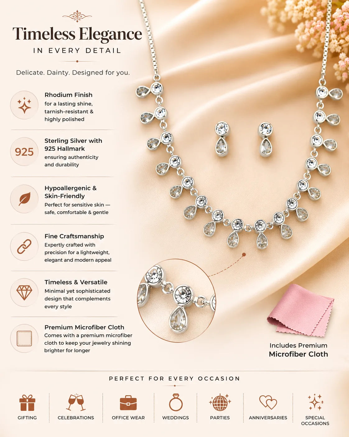 Illustria White Studded Rhodium Necklace Set 3
