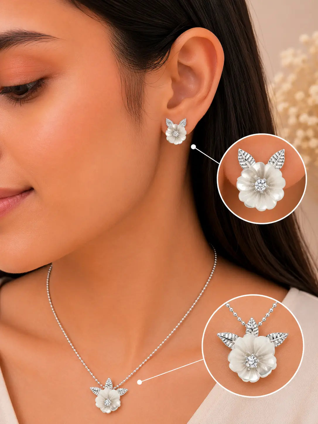 La Flora MOP Rhodium Pendant Set 2