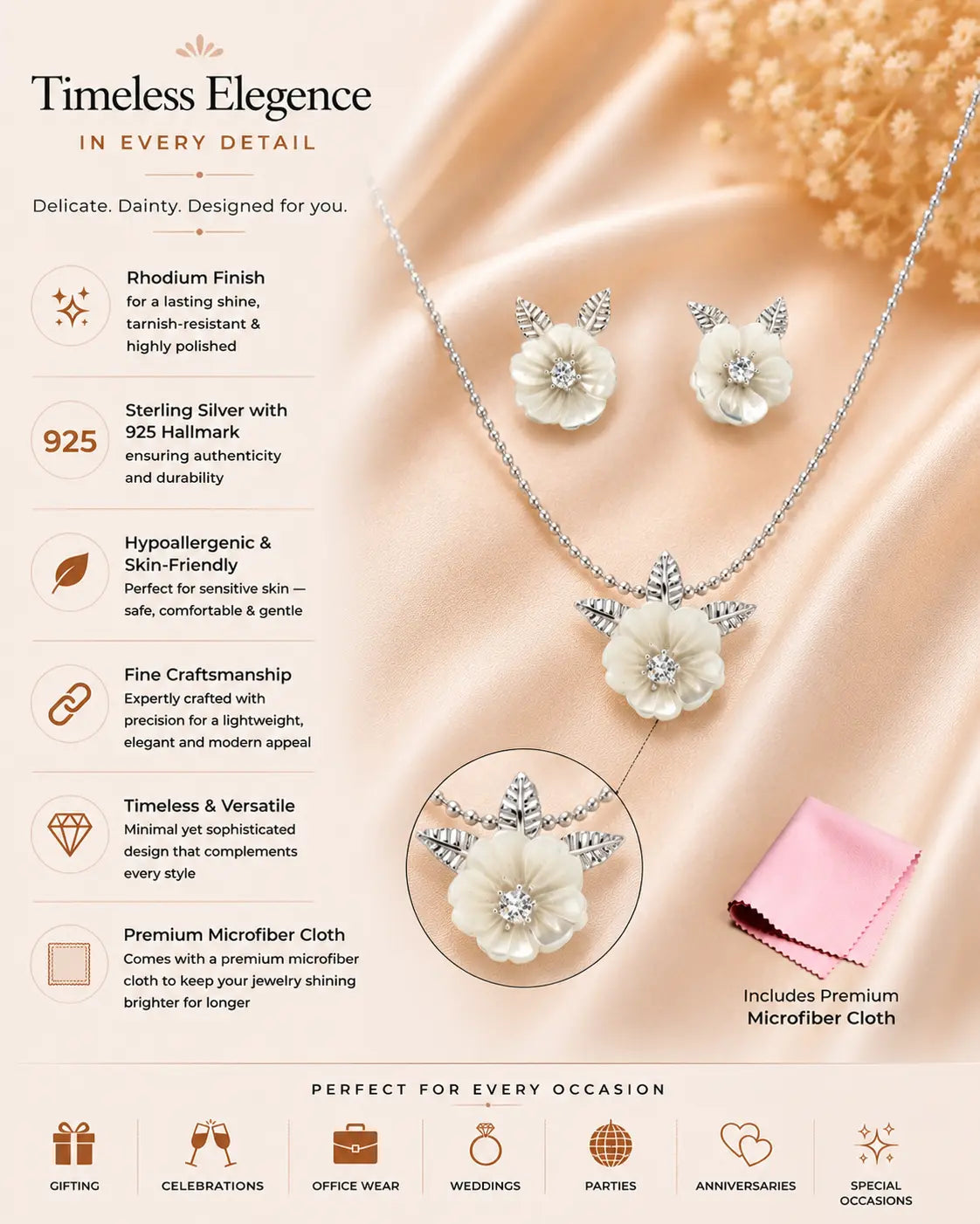 La Flora MOP Rhodium Pendant Set 3
