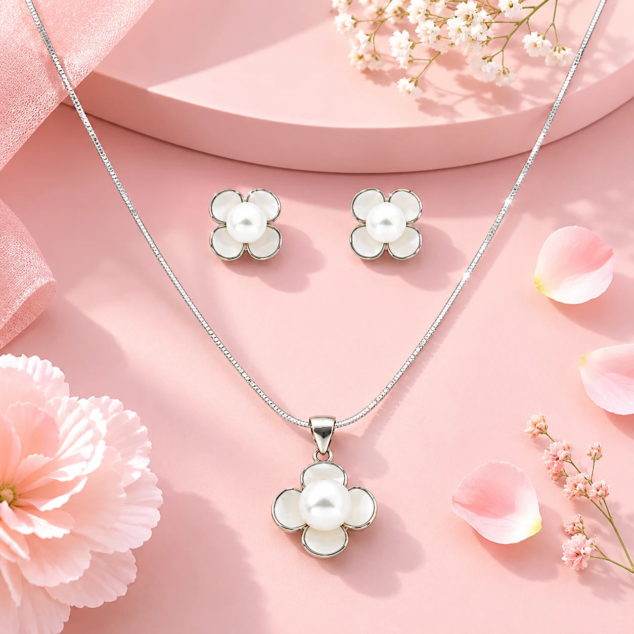 Moonbloom Rhodium Pendant Set with Removable Snake Chain 1