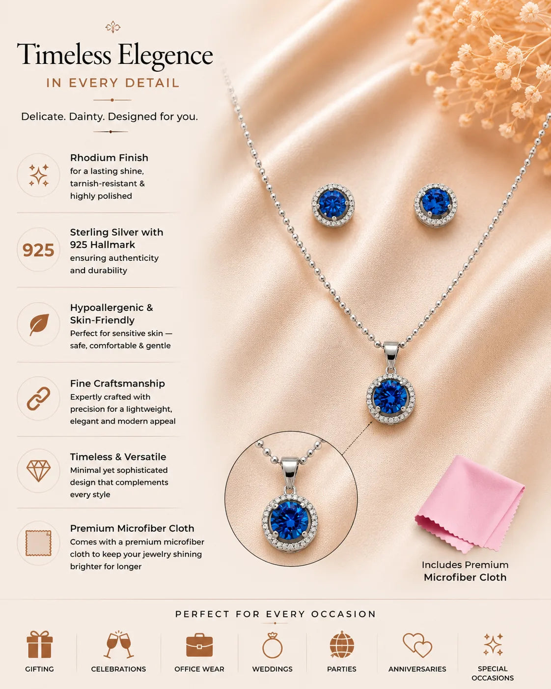 Mystelle Blue Studded Rhodium Pendant Set 3