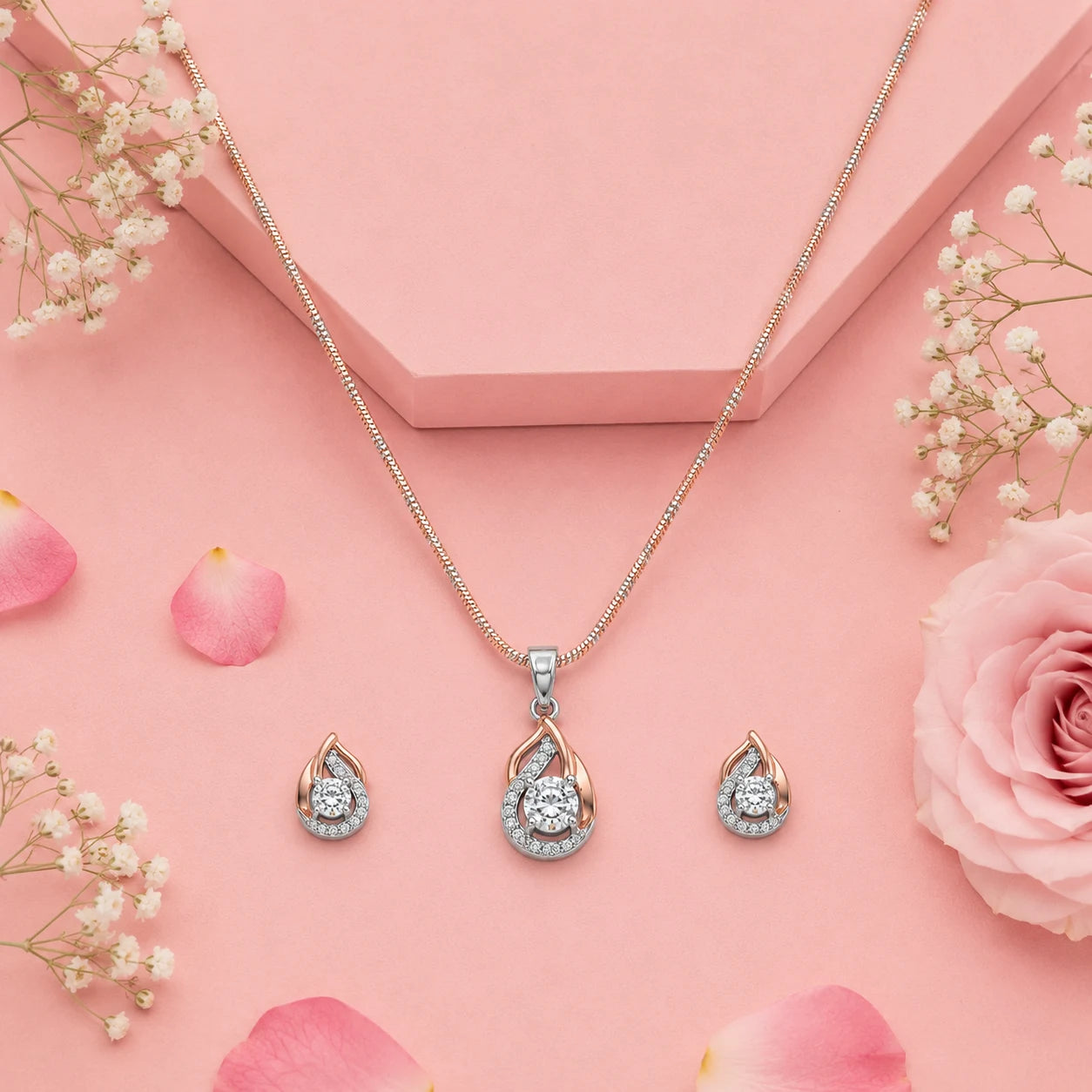 Mystique Studded Rose Gold & Rhodium Pendant Set with Removable Chain 1