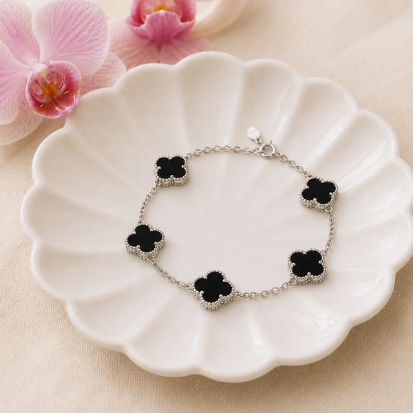 Noir Clover Studded Rhodium Bracelet for Women 1