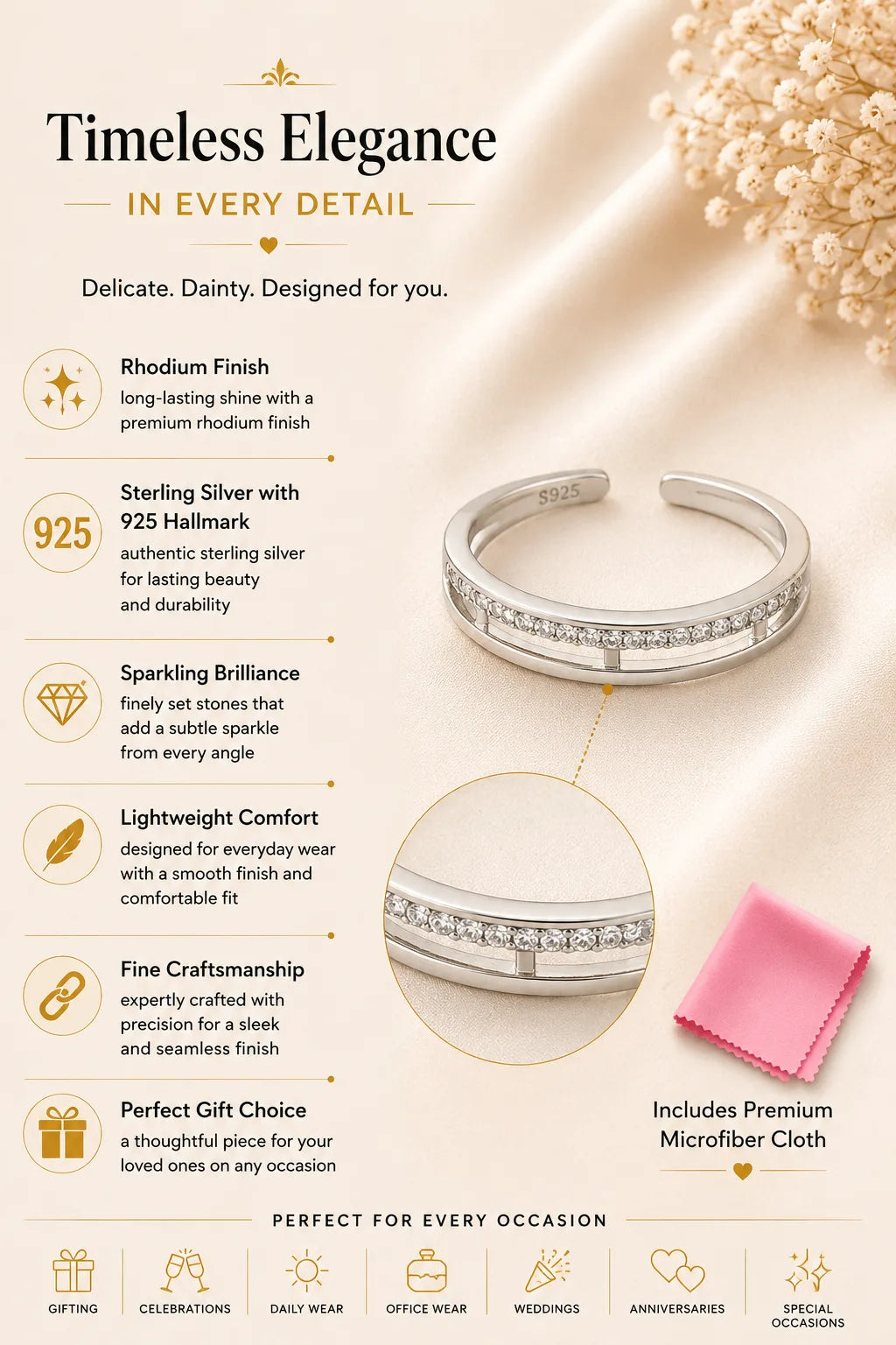 Parallels Studded Rhodium Toe Ring  3