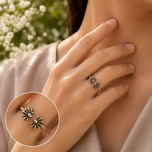 Petals Adjustable Oxidised & Gold Plated Ring for Women 4