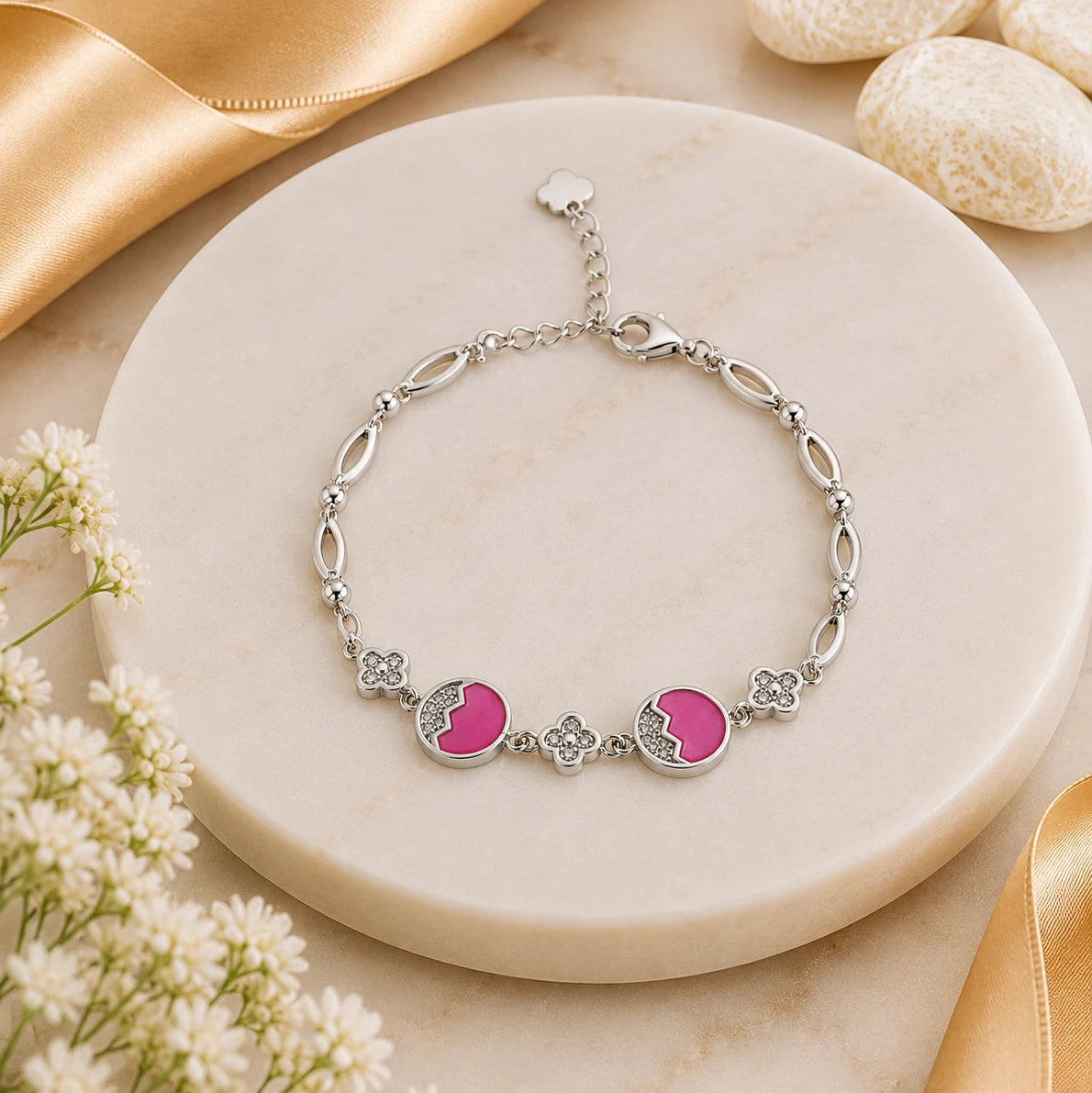 Pink Eye Candy Studded Rhodium Bracelet for Women 1