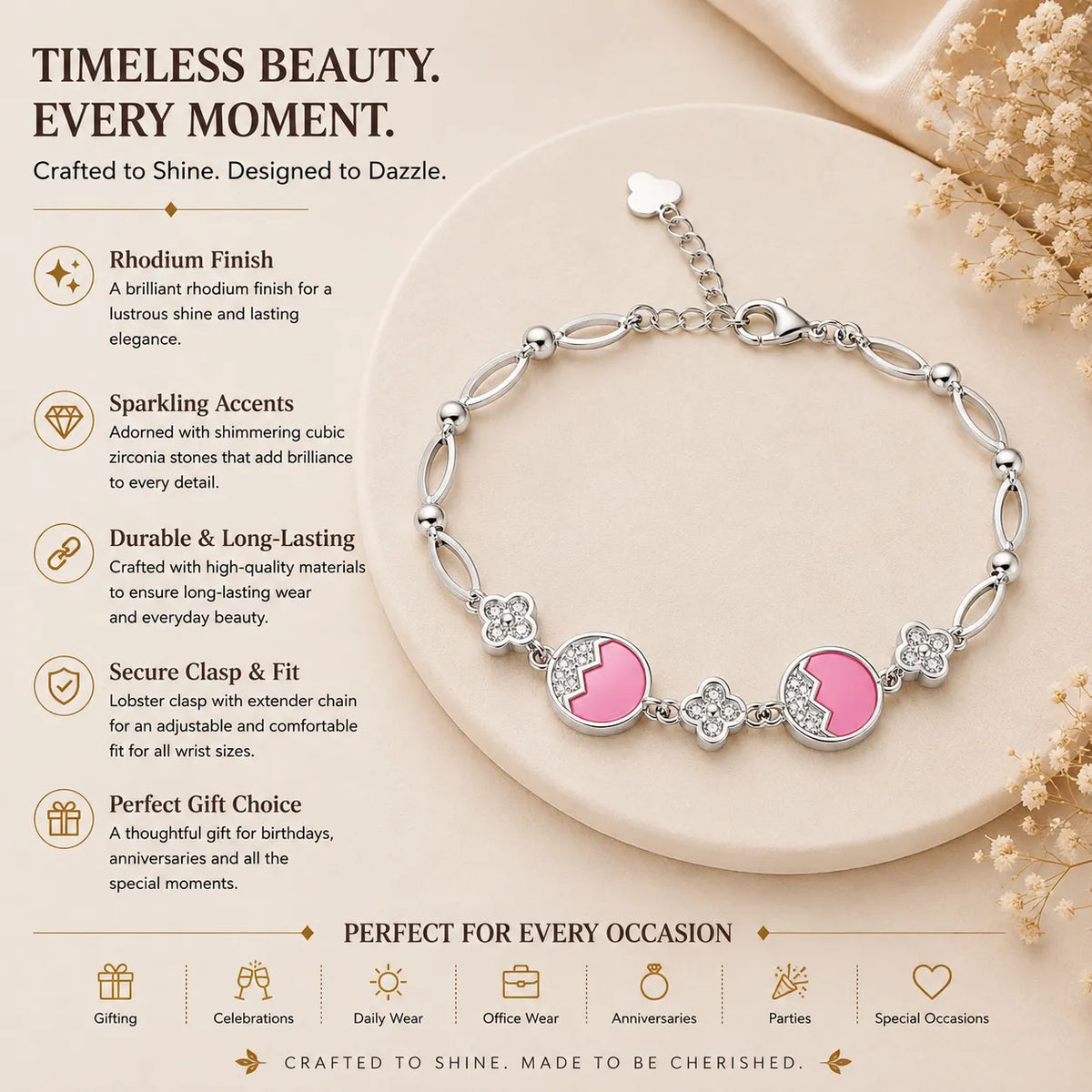 Pink Eye Candy Studded Rhodium Bracelet for Women 3