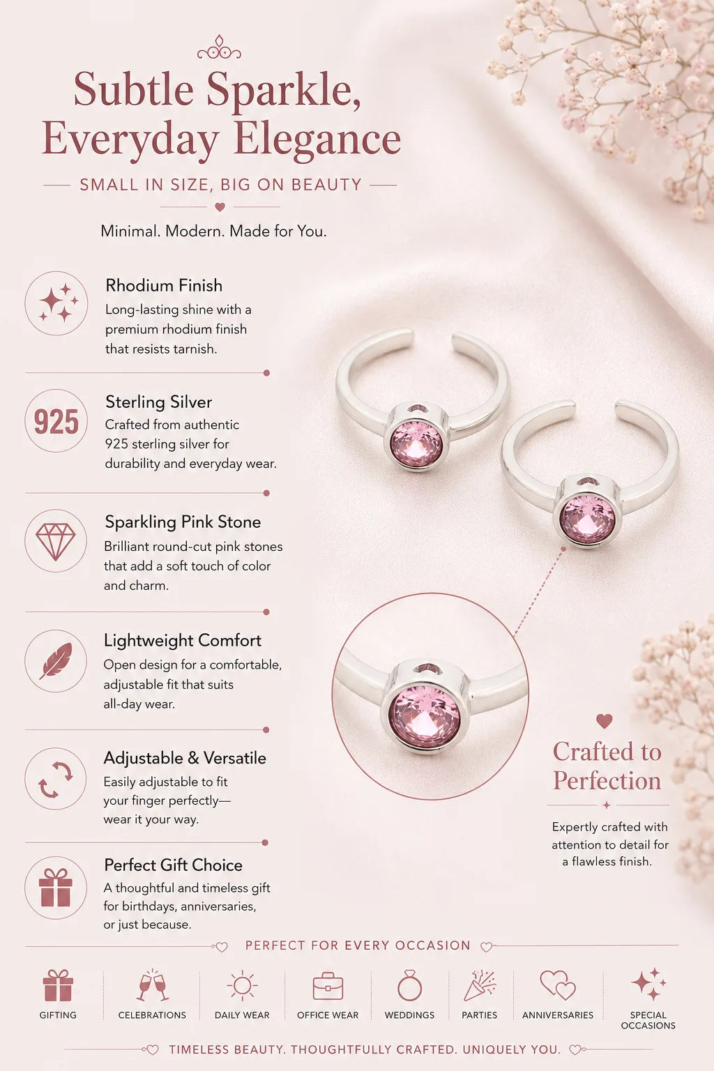 Pink Singularity Rhodium Toe Rings 3
