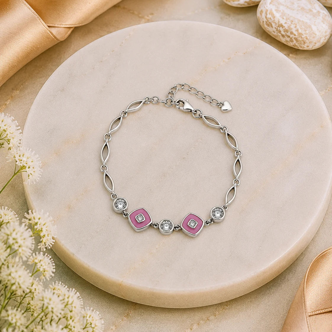 Pink Trinklets Studded Rhodium Bracelet for Women 1