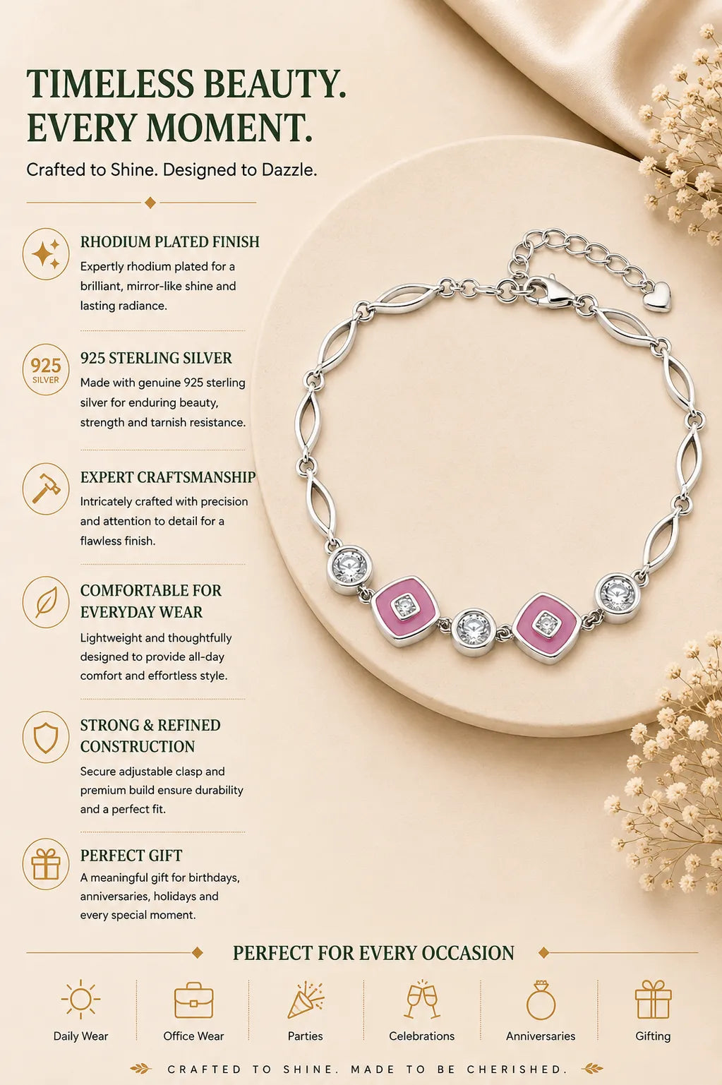 Pink Trinklets Studded Rhodium Bracelet for Women 3
