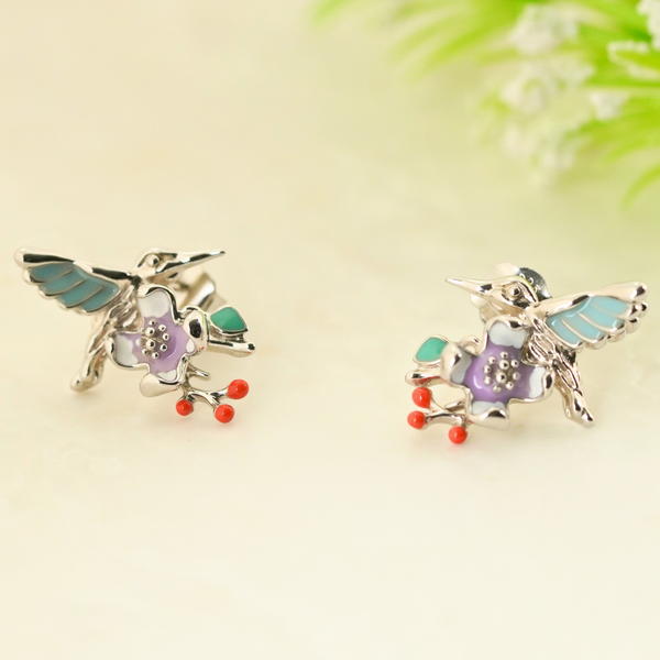 Plume Enamel Rhodium Earrings 1