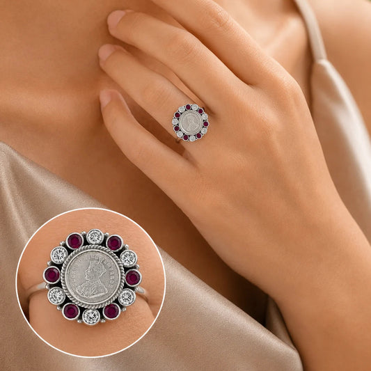 Red & White Oxidised Adjustable Ring for Women 2
