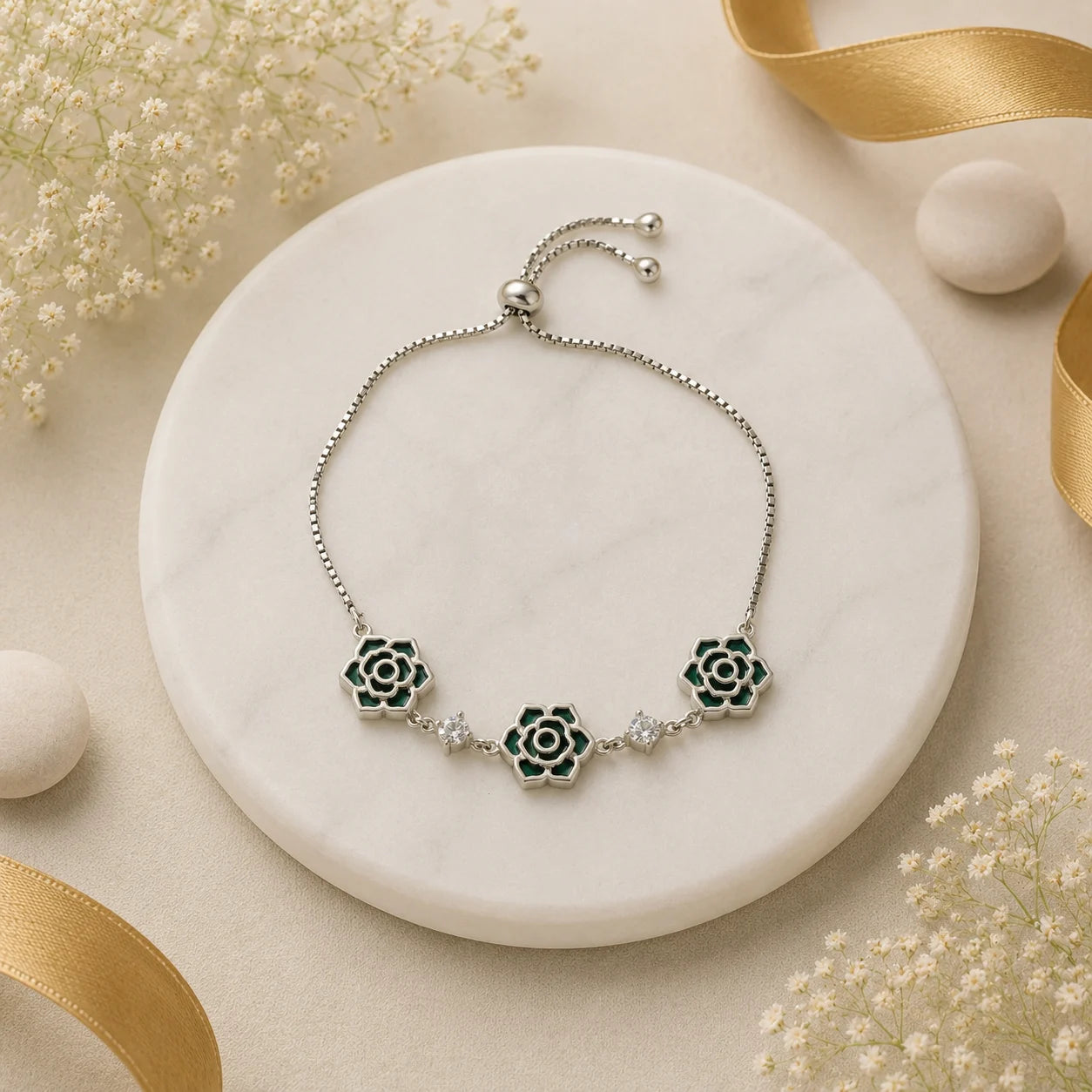 Triflower Malachite Studded Rhodium Bracelet for Women 1