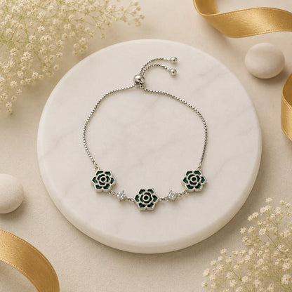 Triflower Malachite Studded Rhodium Bracelet for Women 1