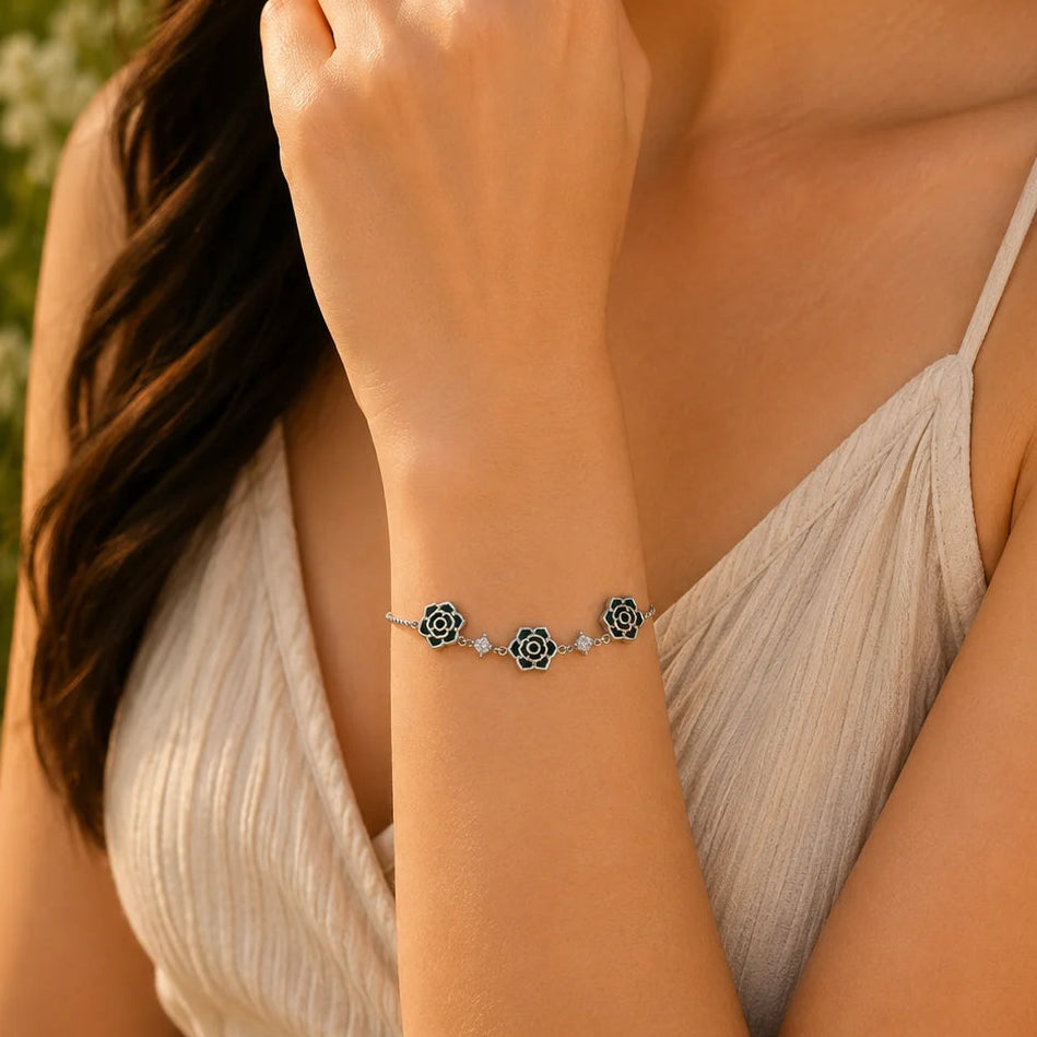 Triflower Malachite Studded Rhodium Bracelet for Women 2