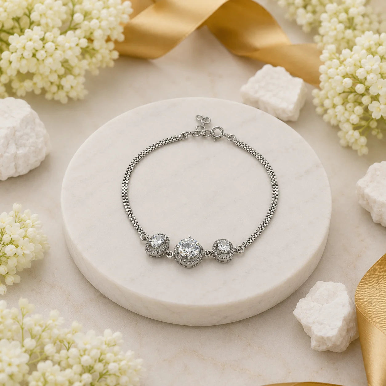Tristone Studded Rhodium Bracelet for Women 1