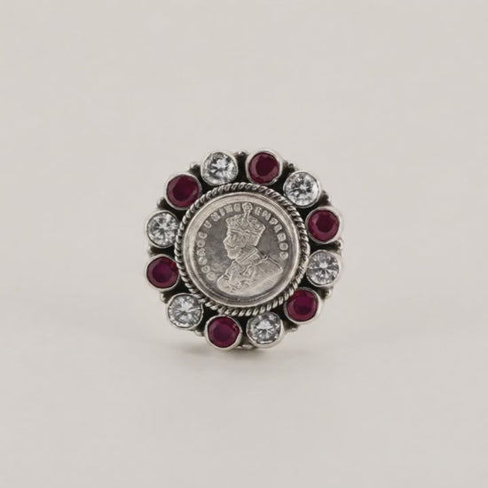 Red & White Oxidised Adjustable Ring for Women 5