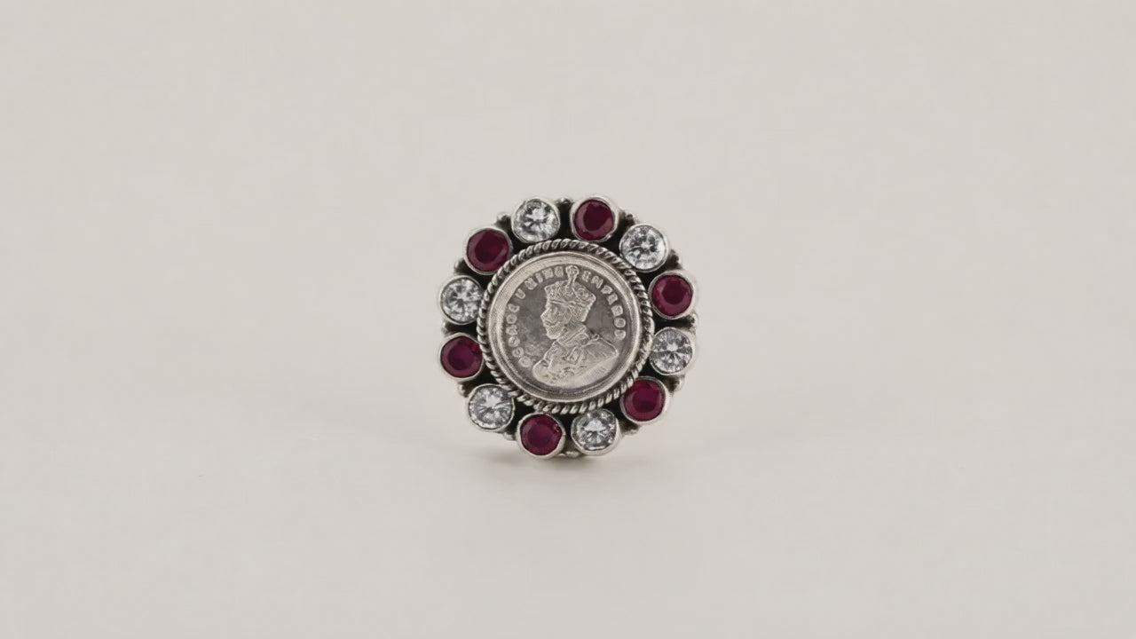 Red & White Oxidised Adjustable Ring for Women 5